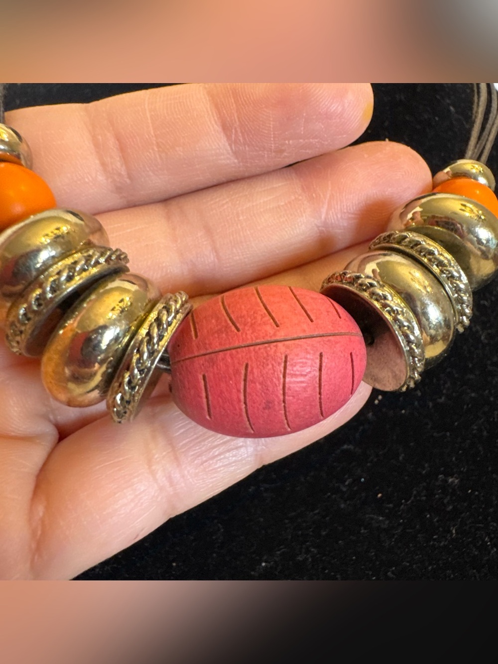 Chico's Necklace Orange Gold Beaded Chunky Leather Multi Stand Statement Jewelry - Picture 3 of 15